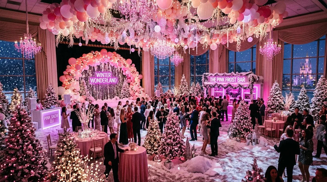 Wide angle view of full pink winter wonderland party setup with coordinated decorations, balloons, lights, and snowy elements