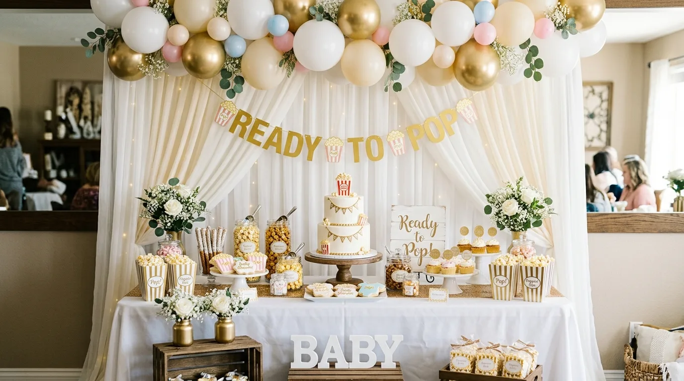 Ready to Pop baby shower dessert table with popcorn decor and white gold balloons