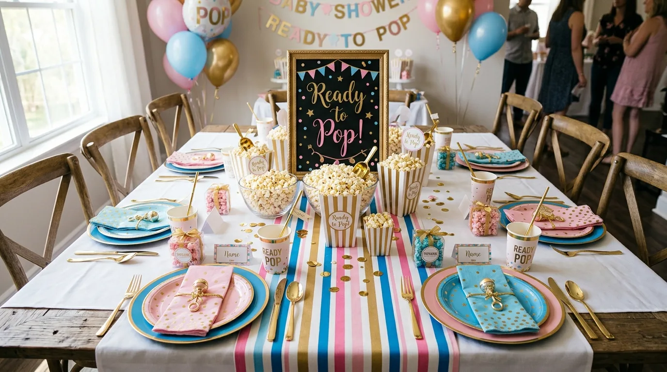 Ready to Pop baby shower table setup with popcorn centerpieces and pastel styling