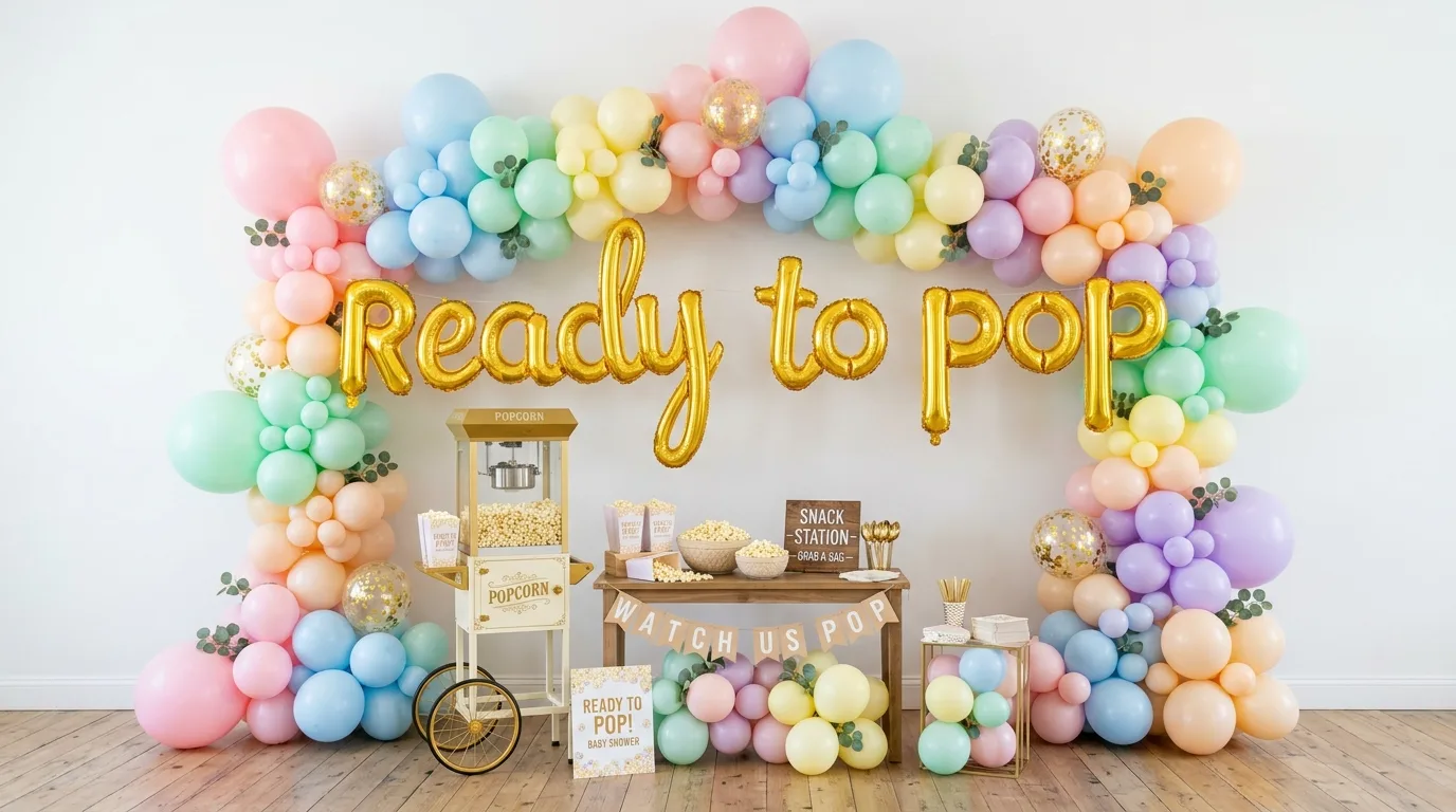 Balloon backdrop with Ready to Pop letters and pastel balloons