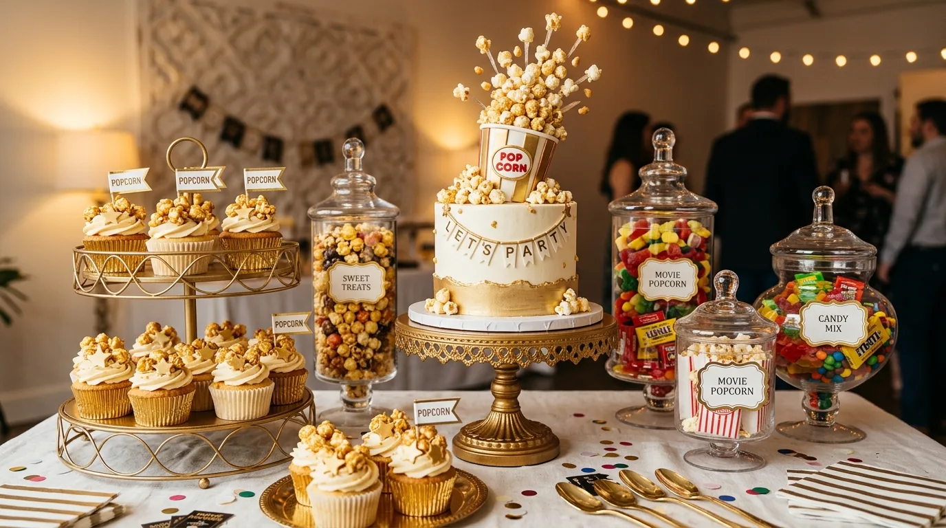 Dessert display with popcorn cupcakes, candy jars, and themed cake