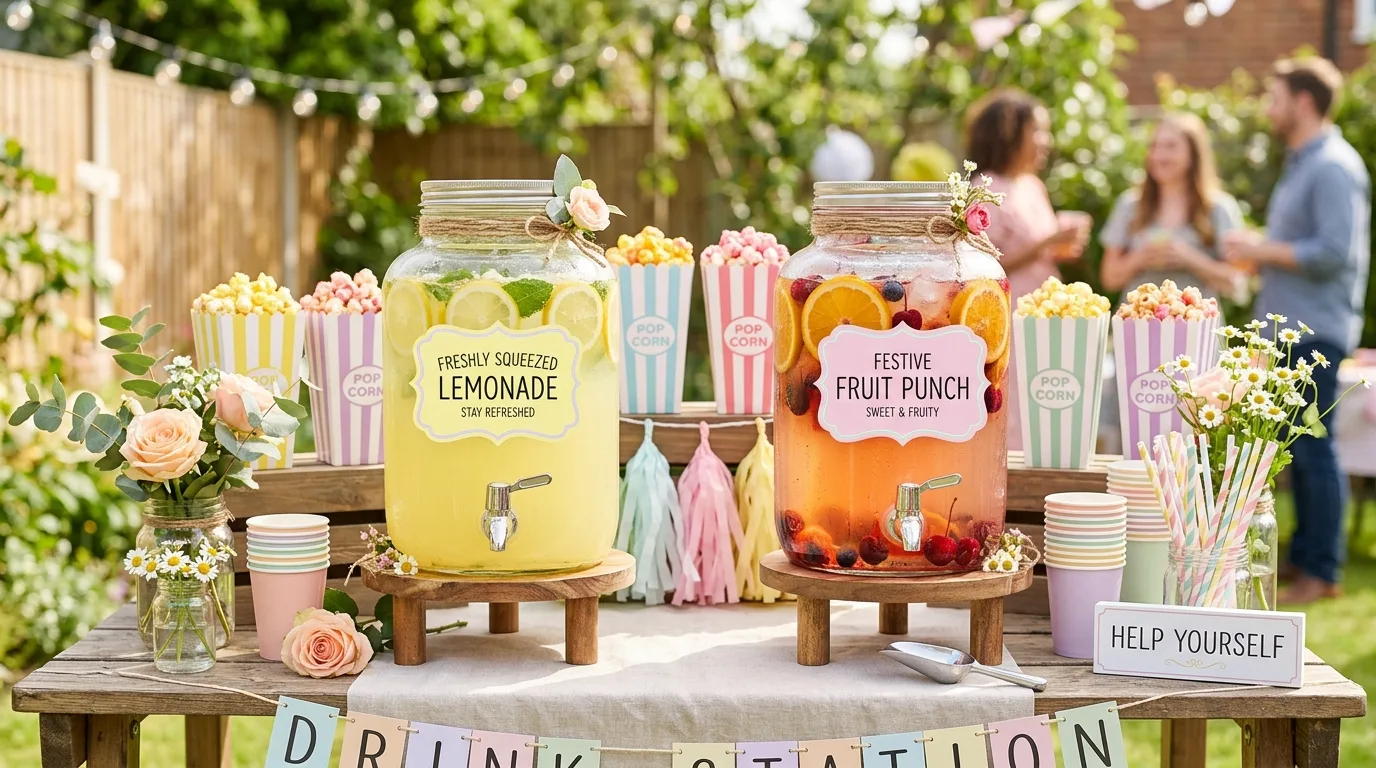 Drink station with lemonade, fruit punch, popcorn decor, and pastel labels