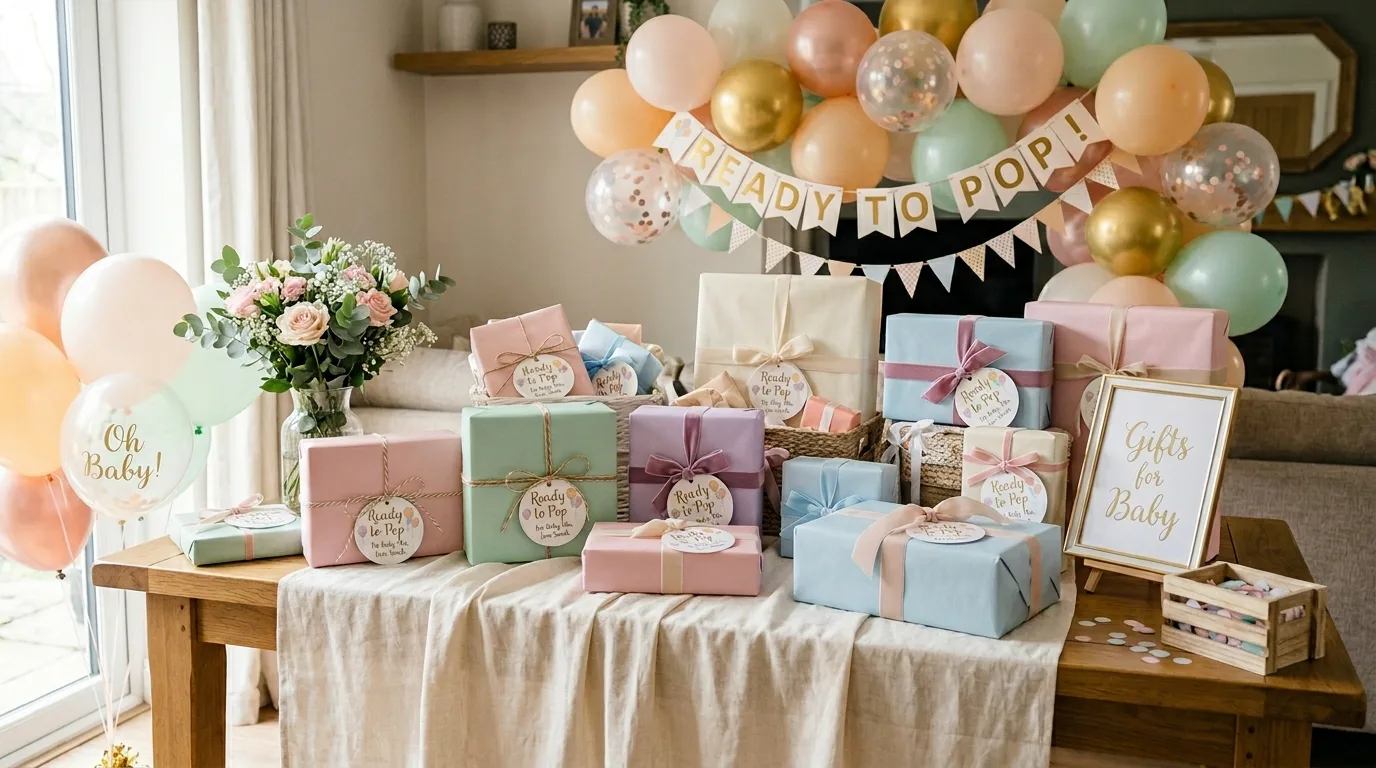 Gift table with pastel presents and Ready to Pop tags