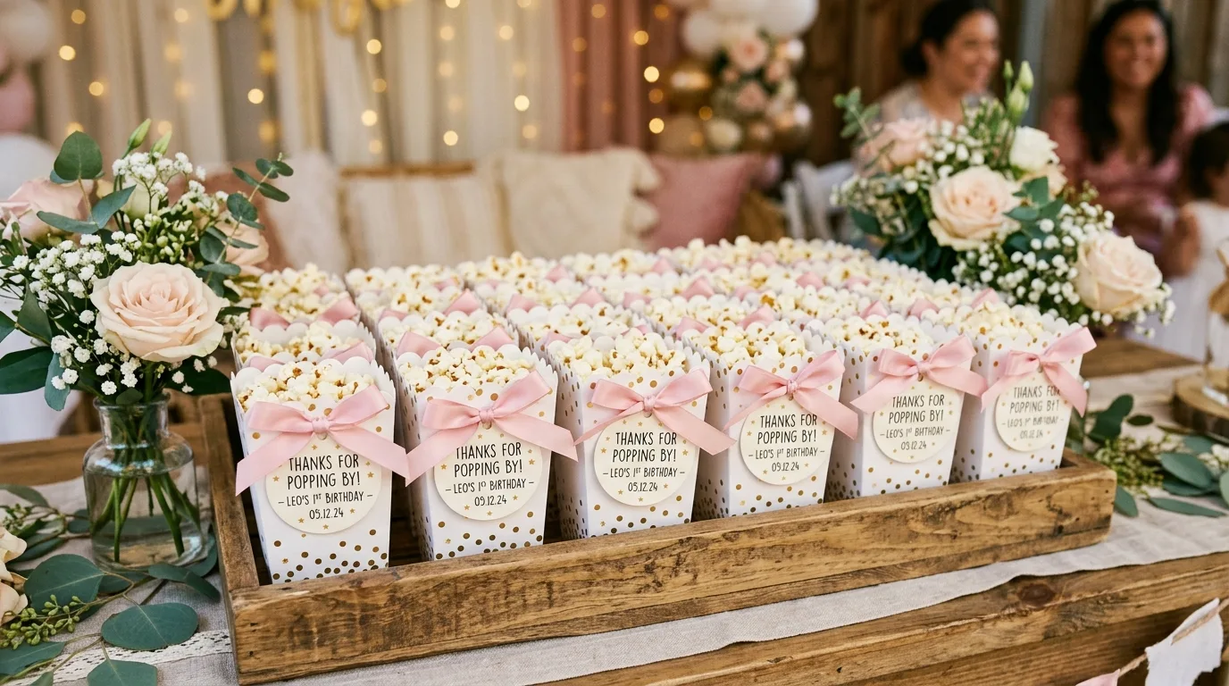 Party favor table with mini popcorn boxes tied with ribbons and tags