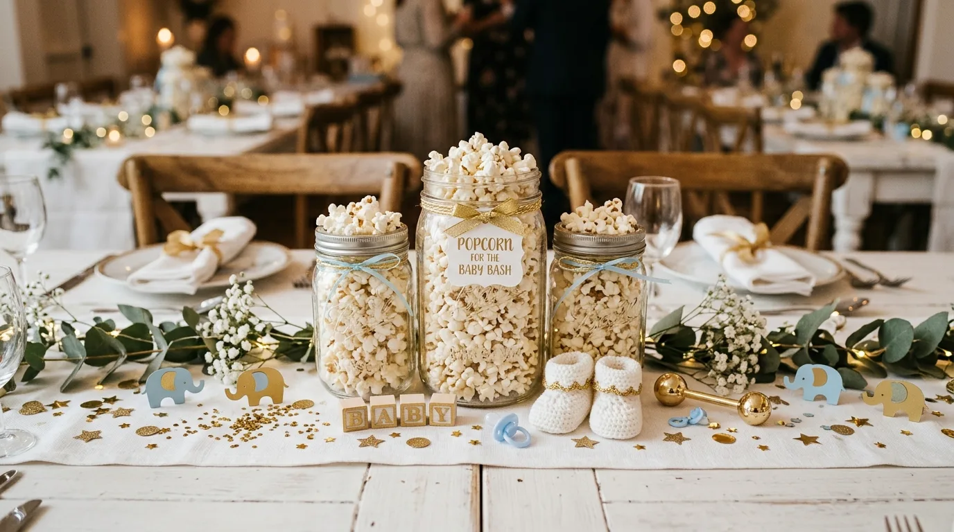 Centerpiece with popcorn filled jars, gold confetti, and baby shower decor
