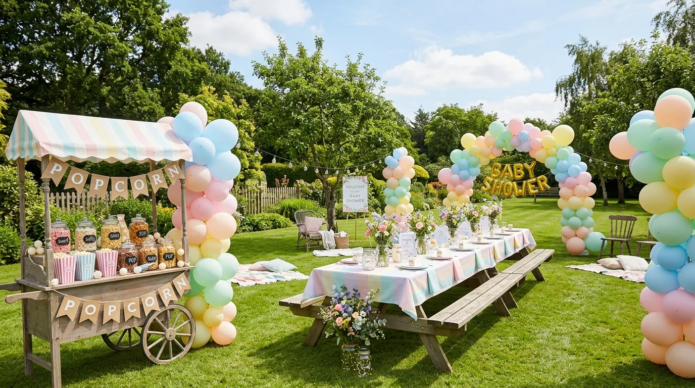 Outdoor Ready to Pop baby shower with picnic table and popcorn snack stations