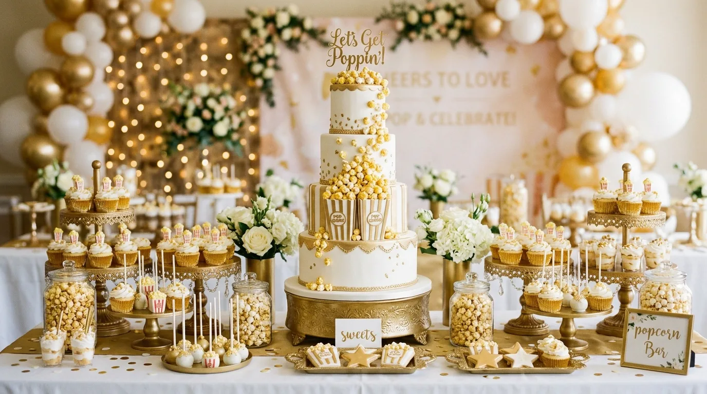Cake table with Ready to Pop cake and matching cupcakes