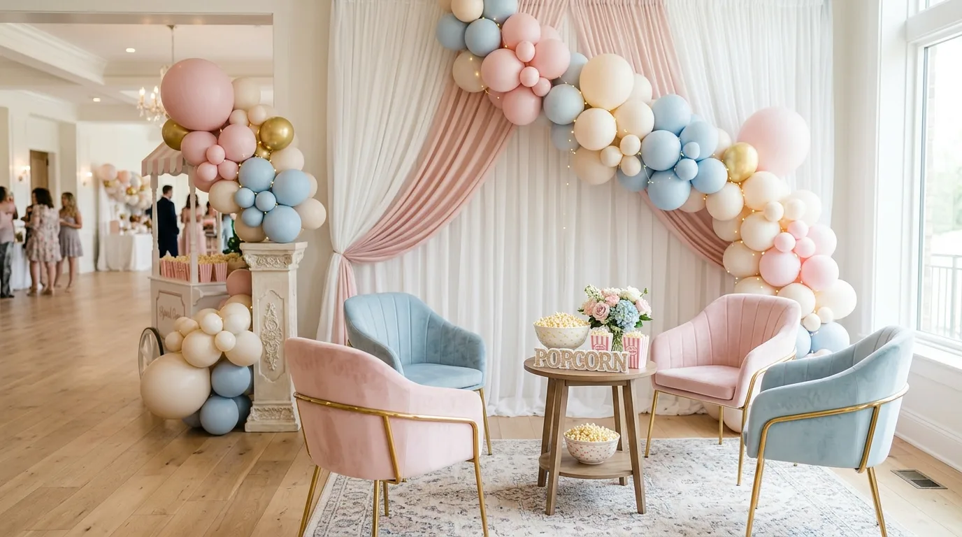 Elegant seating area with pastel chairs and Ready to Pop decor accents