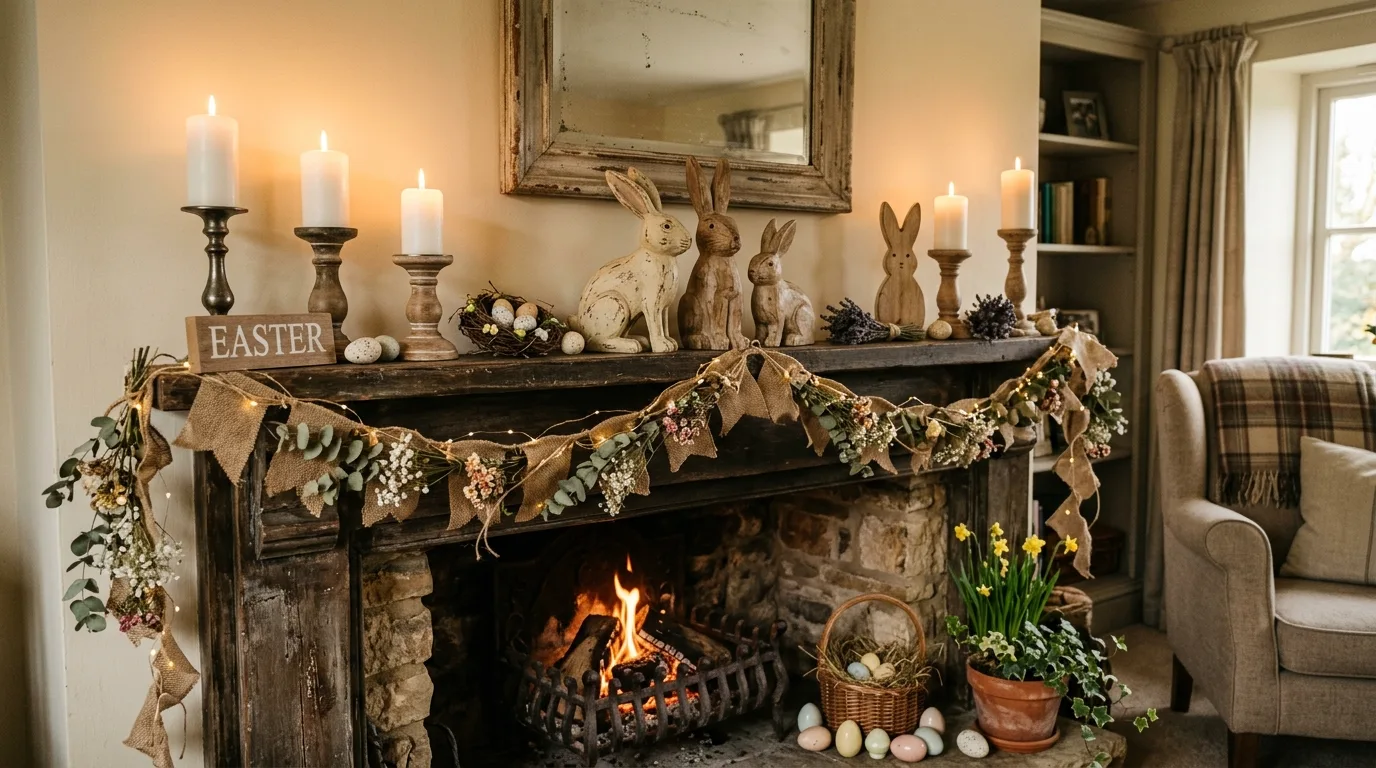 Rustic farmhouse Easter mantel with burlap garland and bunny figures