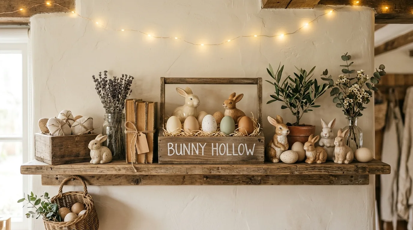 Farmhouse shelf styled with crates, bunny figures, and neutral Easter eggs