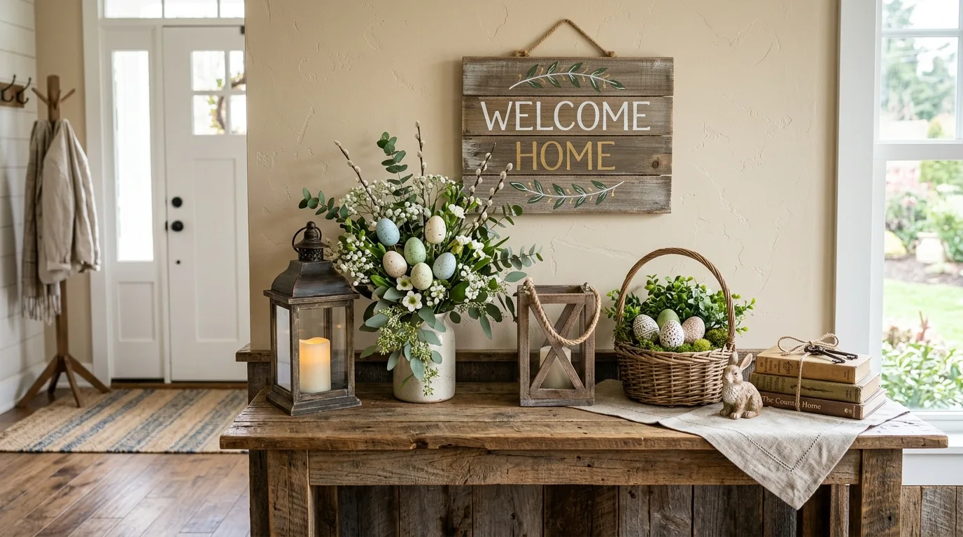Rustic entryway table with wood sign, lanterns, greenery, and Easter accents