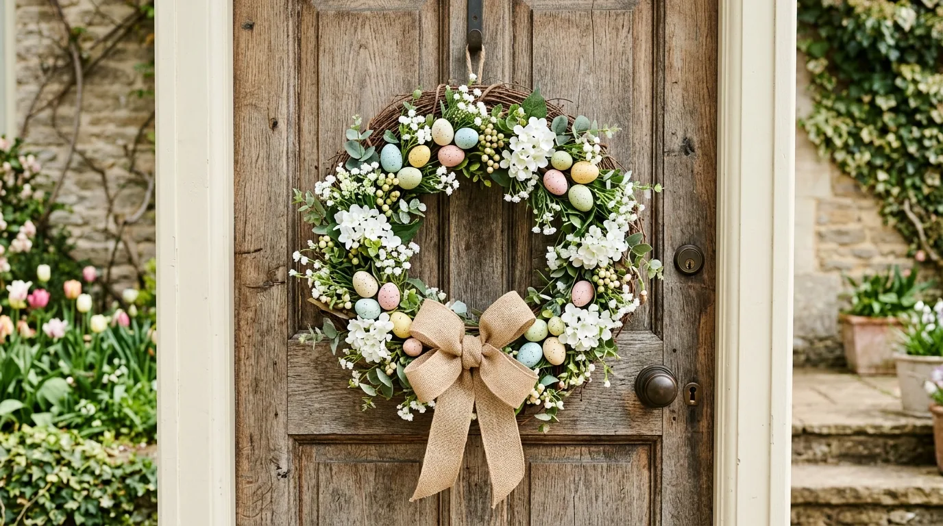 Rustic grapevine Easter wreath with white flowers, burlap ribbon, and eggs
