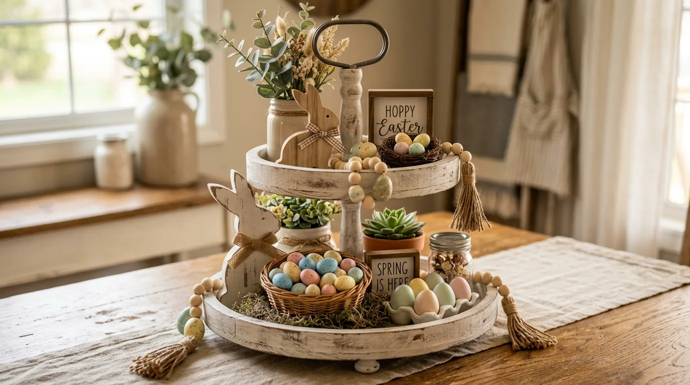 Farmhouse tiered tray with mini eggs, wooden beads, and bunny decor