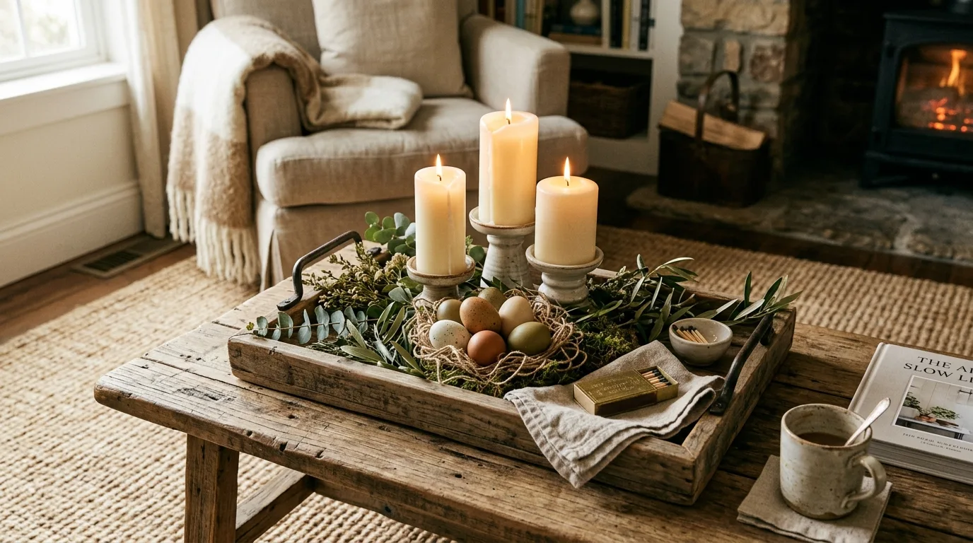 Rustic coffee table with tray holding candles, greenery, and natural eggs