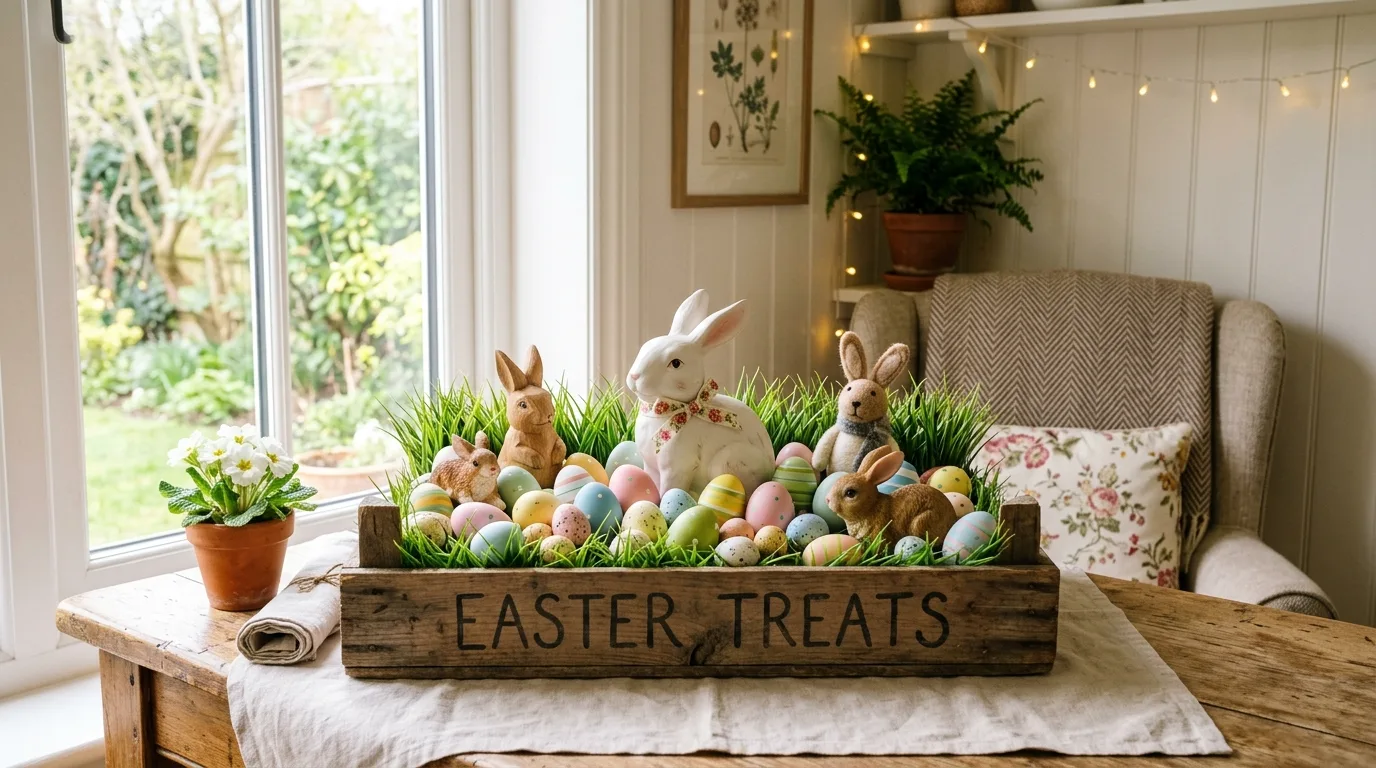 Wooden crate Easter display with faux grass, eggs, and bunny figurines