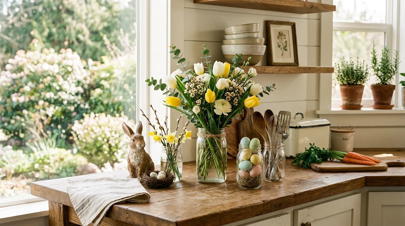 Farmhouse kitchen counter decorated with mason jars, flowers, and Easter accents