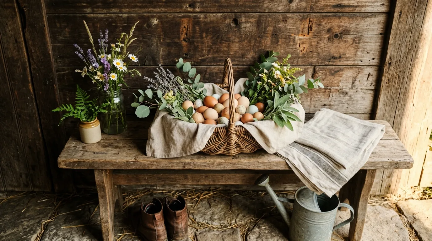 Rustic bench with basket of eggs, greenery, and linen fabric