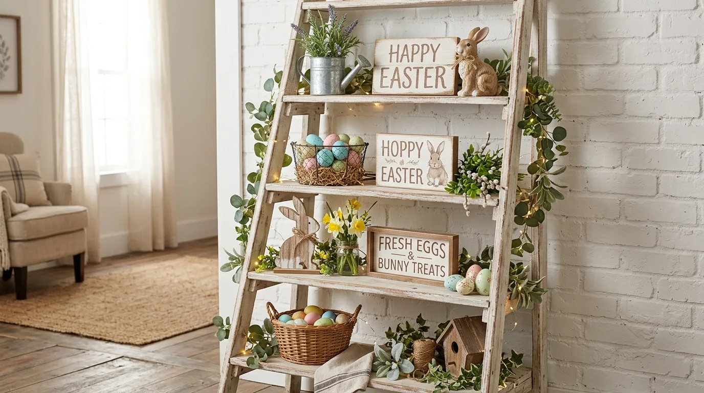 Wood ladder shelf decorated with Easter farmhouse decor, eggs, and greenery