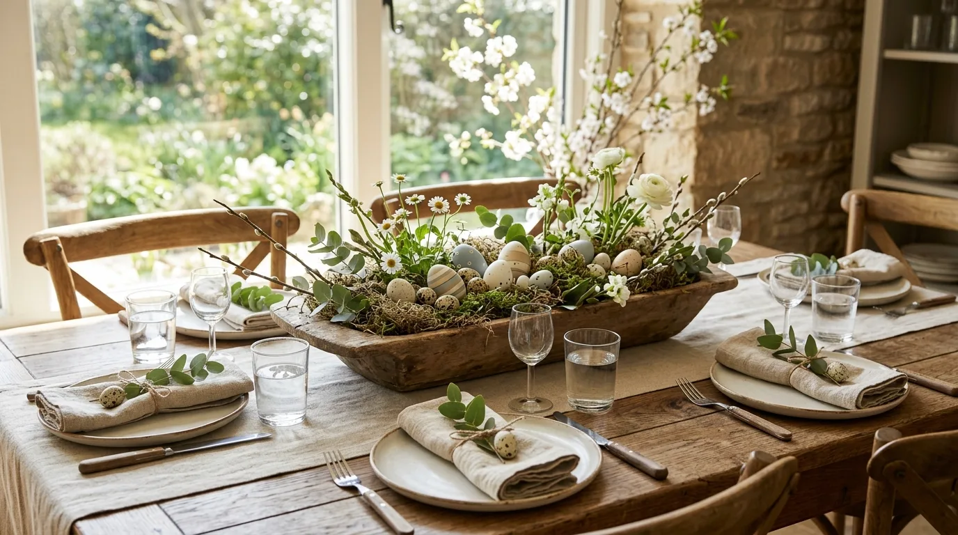 Rustic Easter table setting with neutral plates and wooden centerpiece