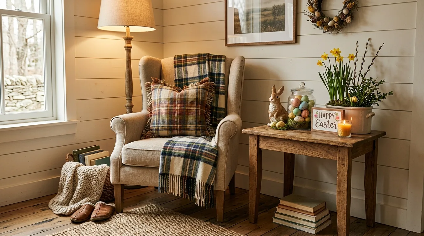 Cozy farmhouse living room corner with chair and small Easter-decorated table