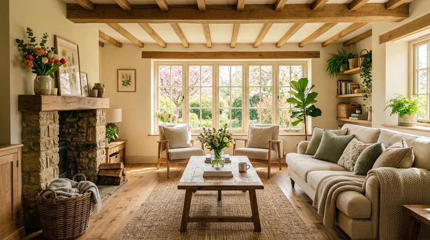 Rustic spring living room with wood furniture and greenery