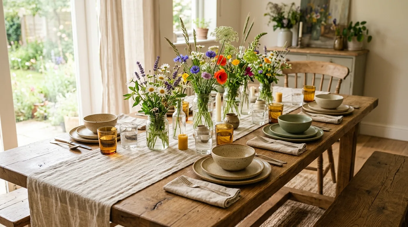 Wood dining table styled with wildflowers, linen runner, and earthy tableware