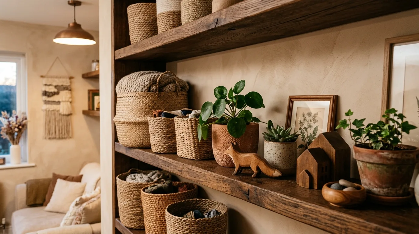 Rustic shelf with baskets, potted plants, and wood decor