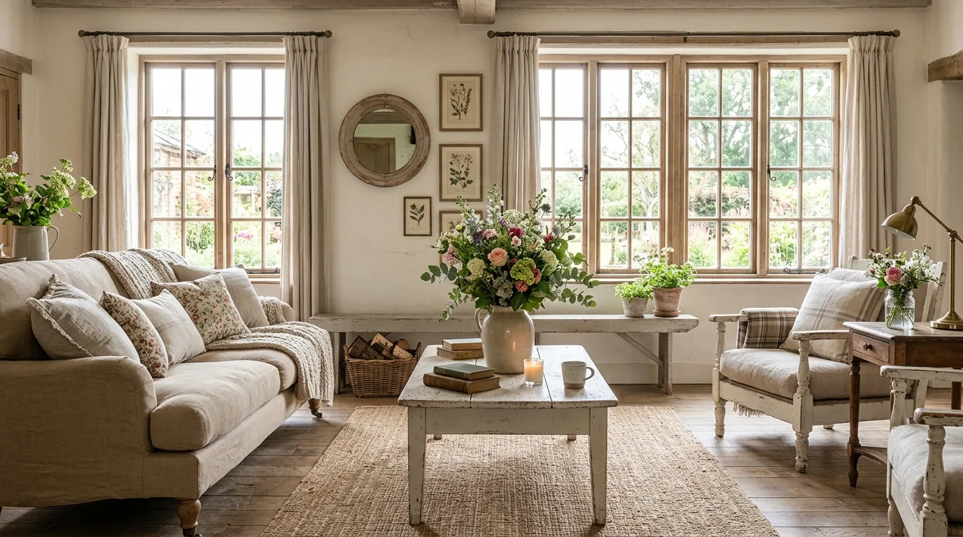Farmhouse-style room with distressed furniture and spring florals