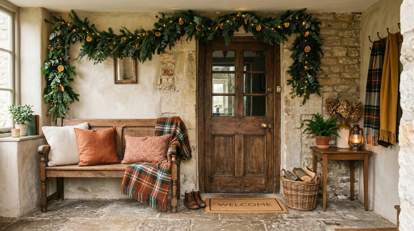 Rustic entryway with wooden bench, greenery garlands, and cushions
