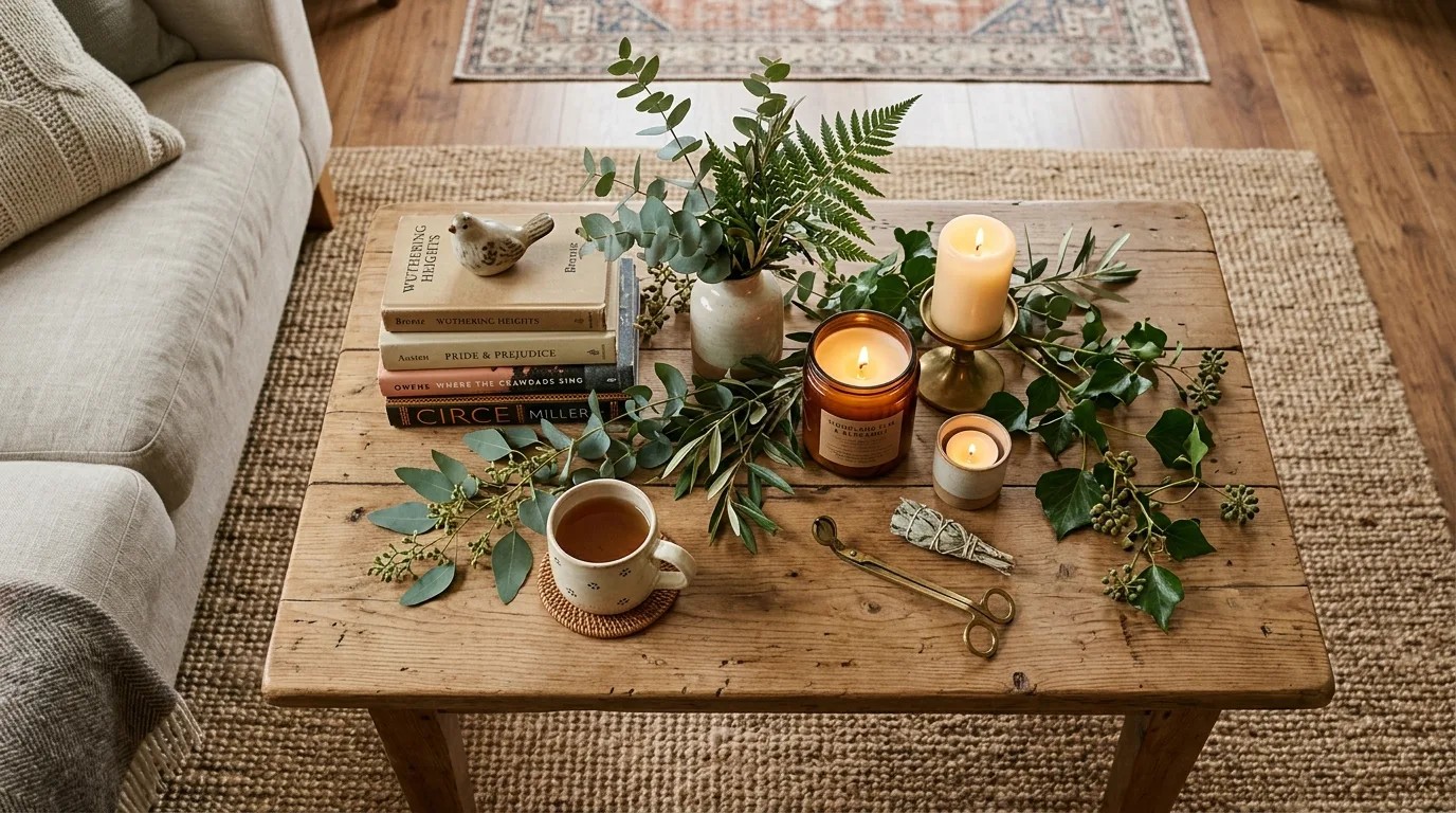 Wood coffee table with candles, greenery, and stacked books