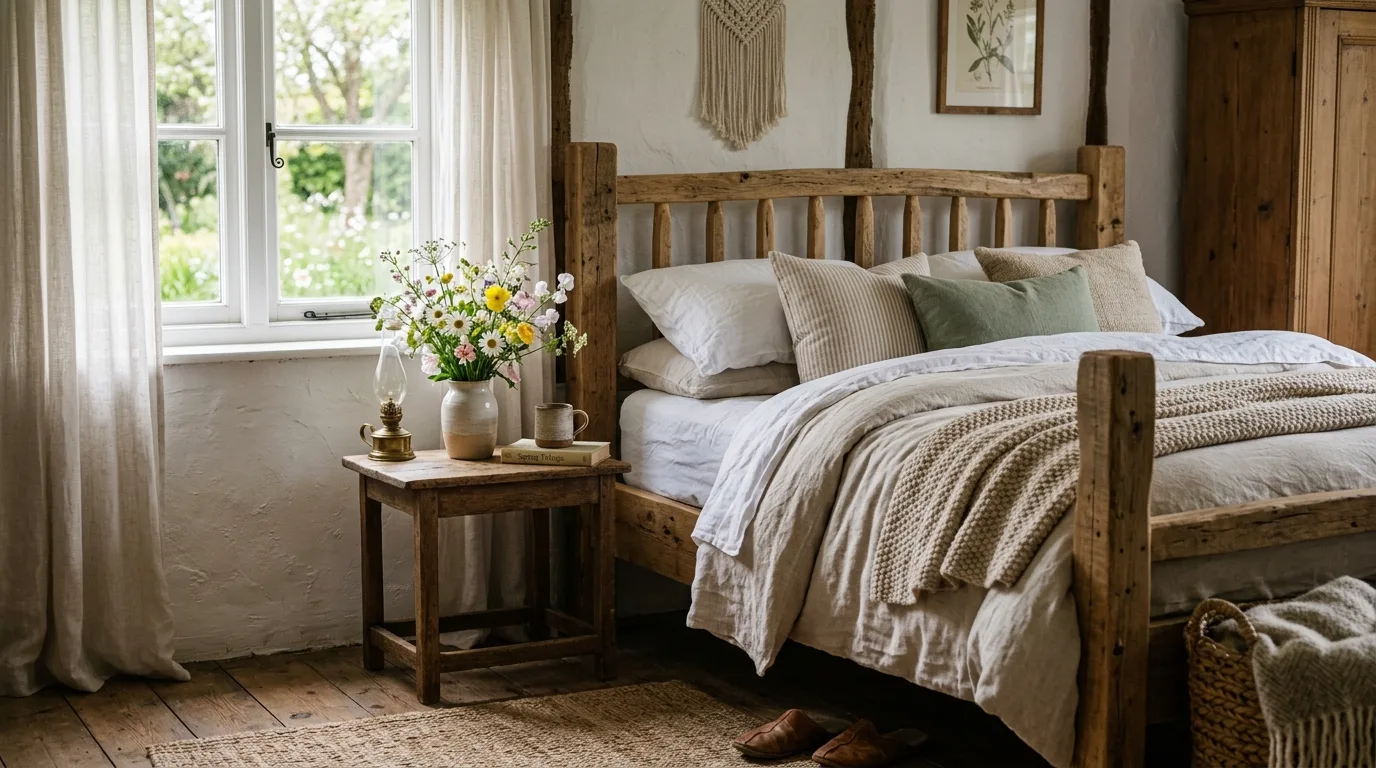 Rustic bedroom corner with wood bed frame, neutral bedding, and spring flowers