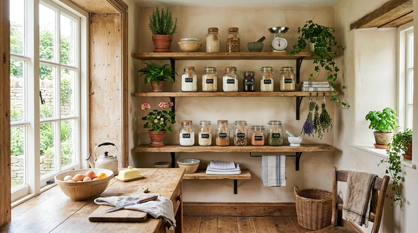 Farmhouse kitchen corner with wooden shelves, glass jars, and greenery