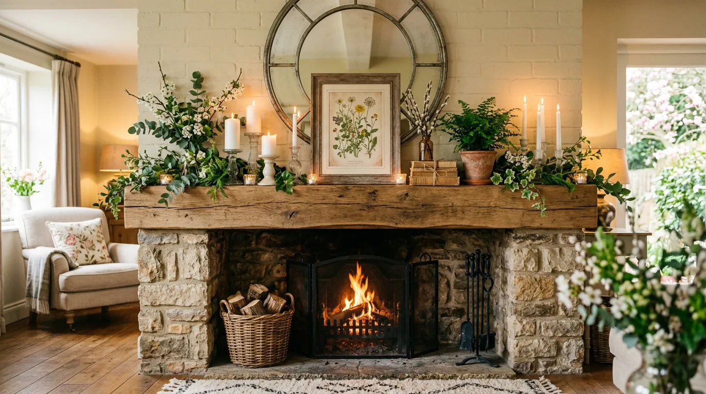 Rustic fireplace mantel with wood textures, candles, and greenery