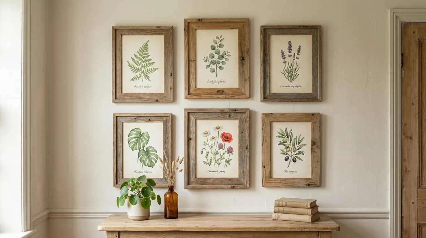 Rustic wall display with wooden frames and botanical prints