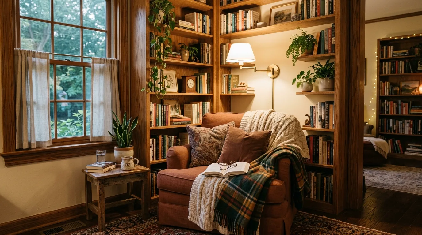 Rustic reading nook with wood shelves, blankets, and plants