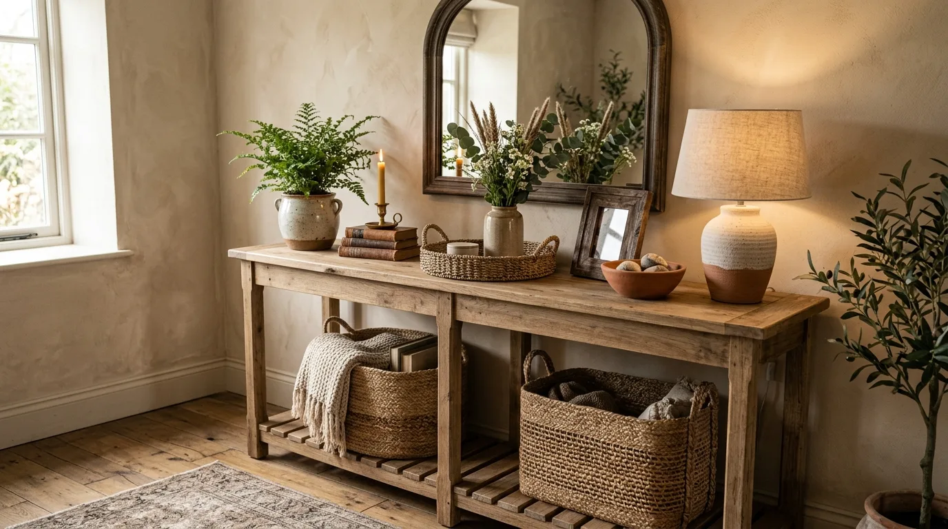Rustic console table with earthy decor, woven baskets, and greenery