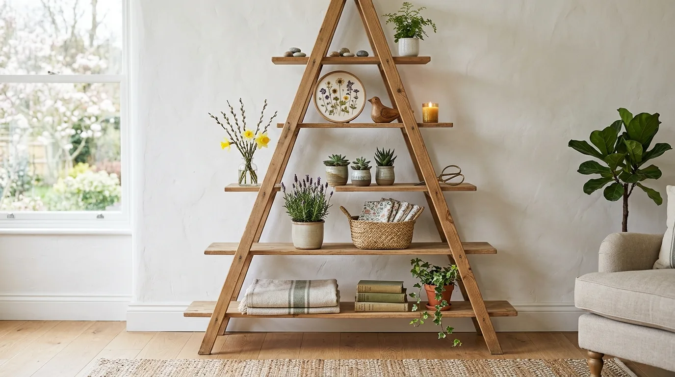 Wooden ladder shelf decorated with plants, folded textiles, and rustic accessories