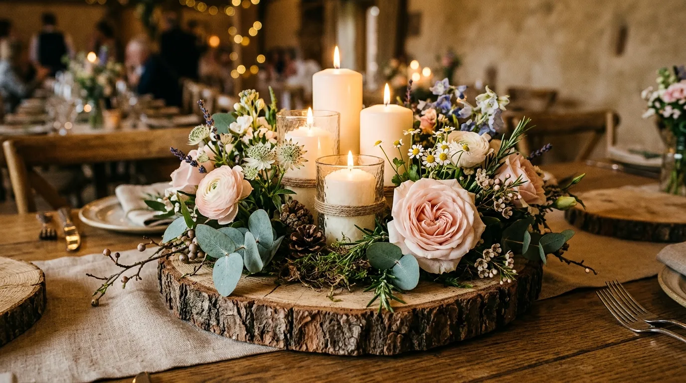Rustic centerpiece with wood slices, candles, and fresh flowers