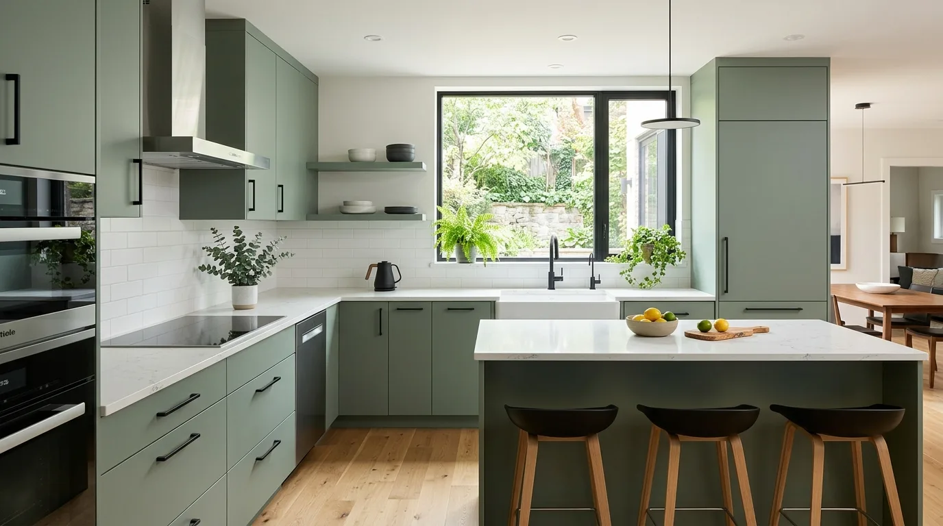 Modern kitchen with sage green cabinets and white quartz countertops