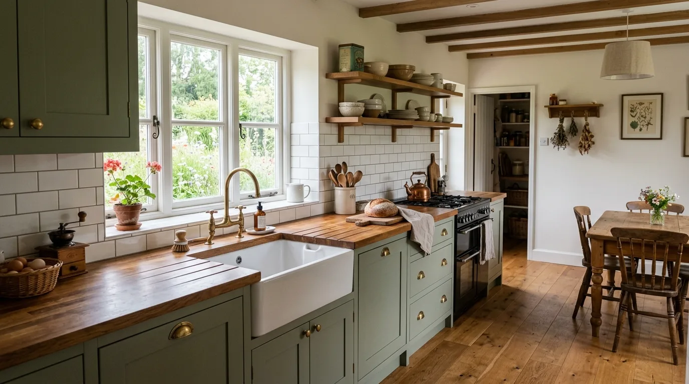 Cozy farmhouse kitchen with sage green shaker cabinets and butcher block countertops