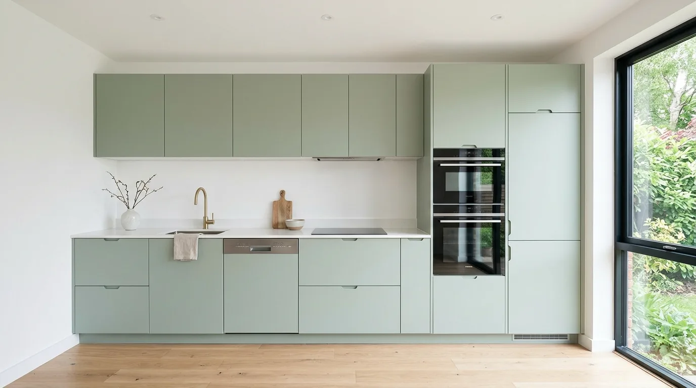 Minimalist kitchen with soft sage green cabinets and handleless design