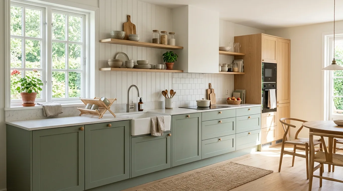 Scandinavian kitchen with sage green cabinets, oak accents, and white counters