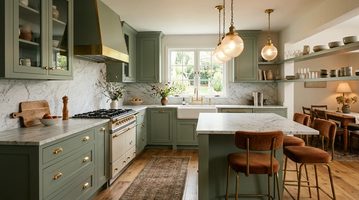 Elegant kitchen with sage green cabinets, marble surfaces, and brass hardware