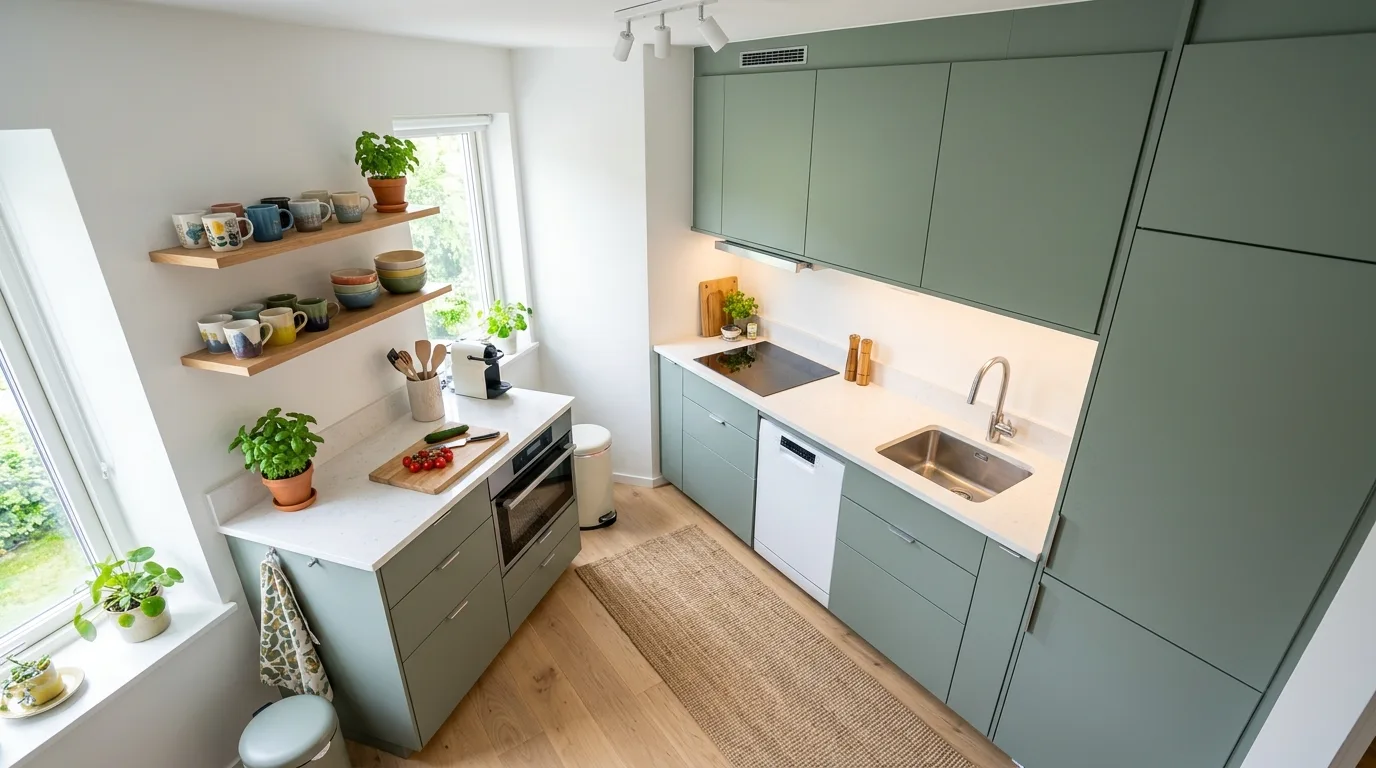 Small modern kitchen with compact sage green cabinets and bright layout