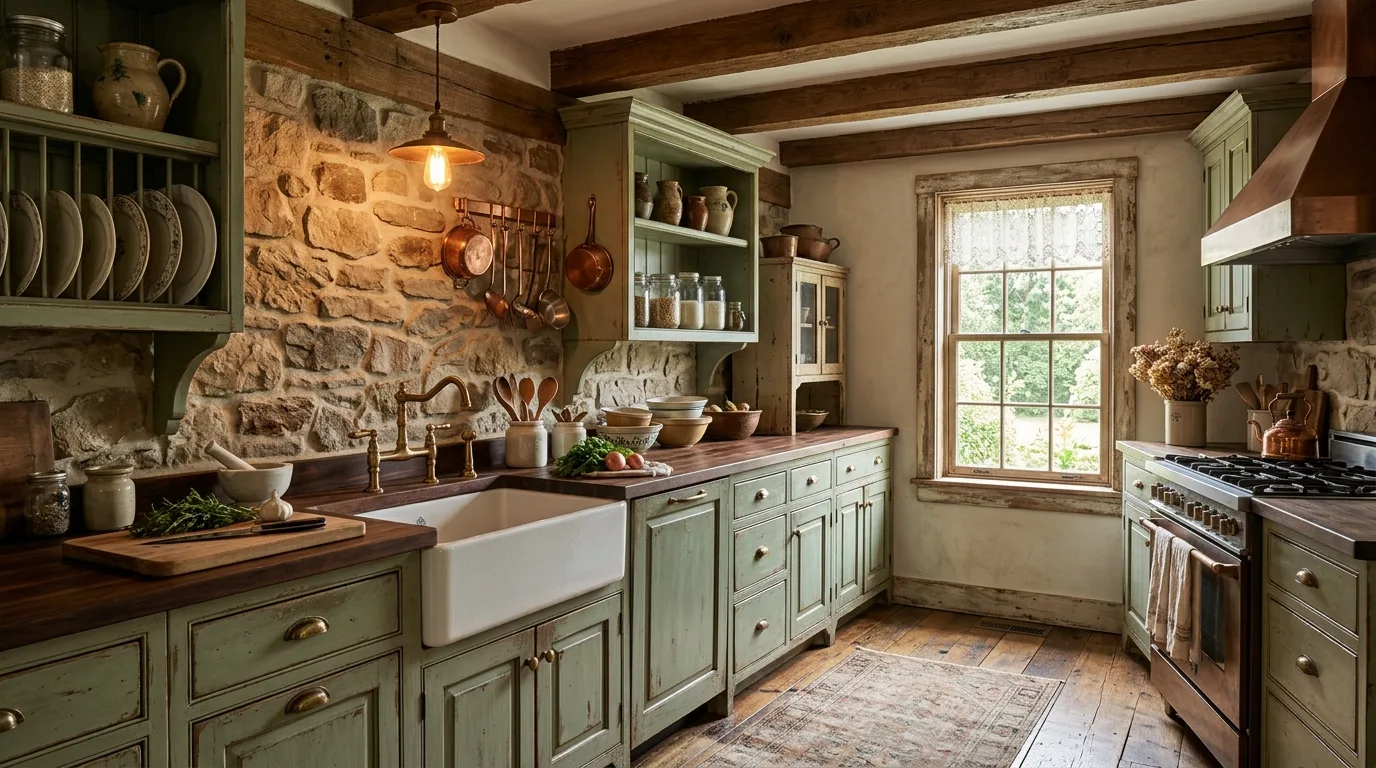 Rustic kitchen with distressed sage green cabinets, beams, and stone backsplash