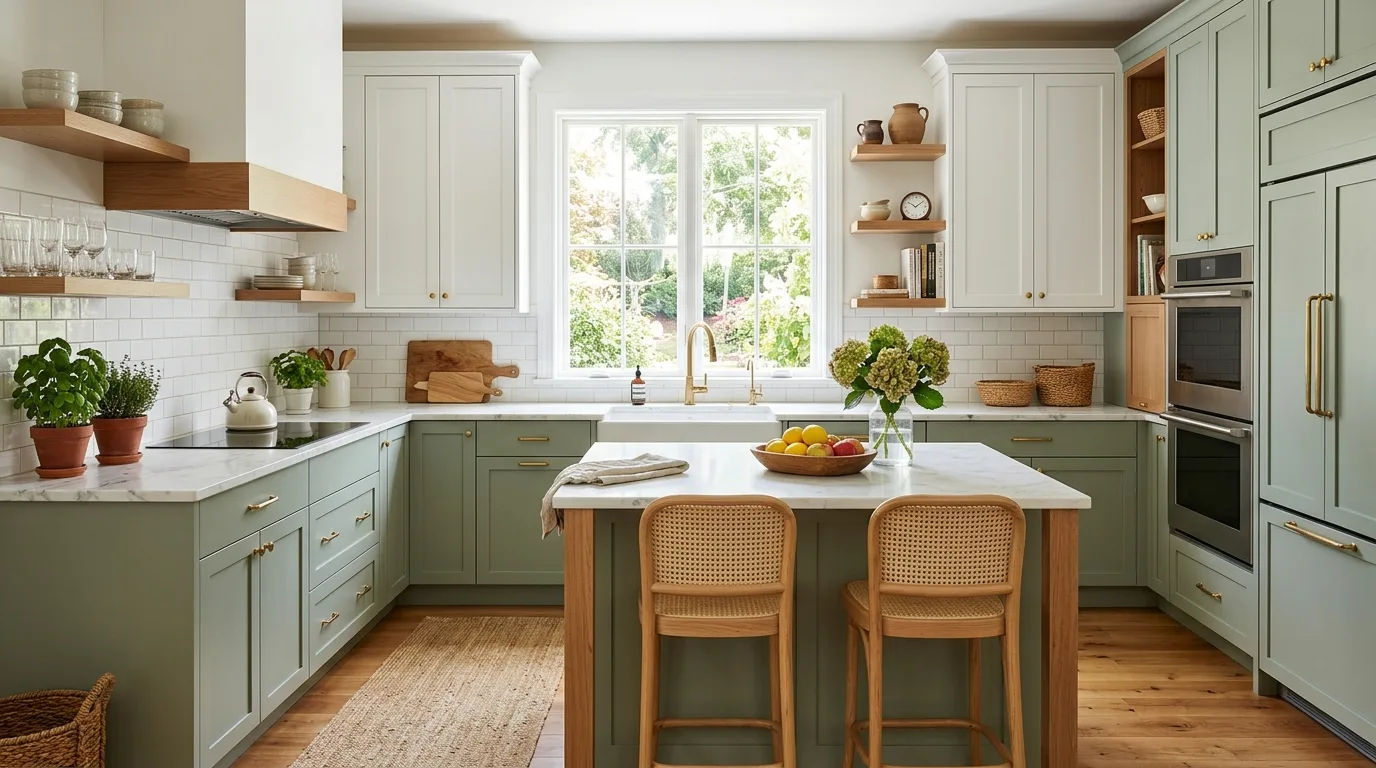 Two tone kitchen with sage green lower cabinets and white upper cabinets