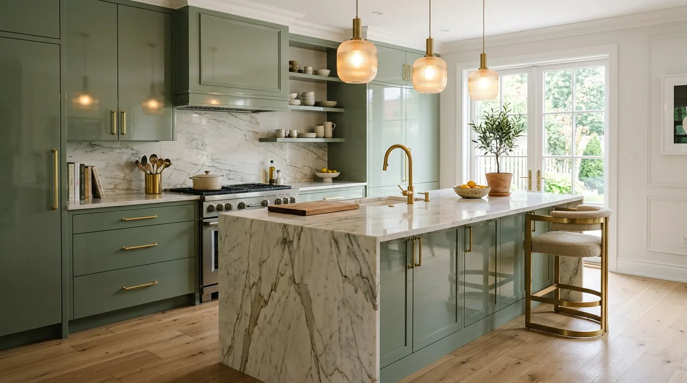 Luxury kitchen with glossy sage green cabinets, gold hardware, and marble island