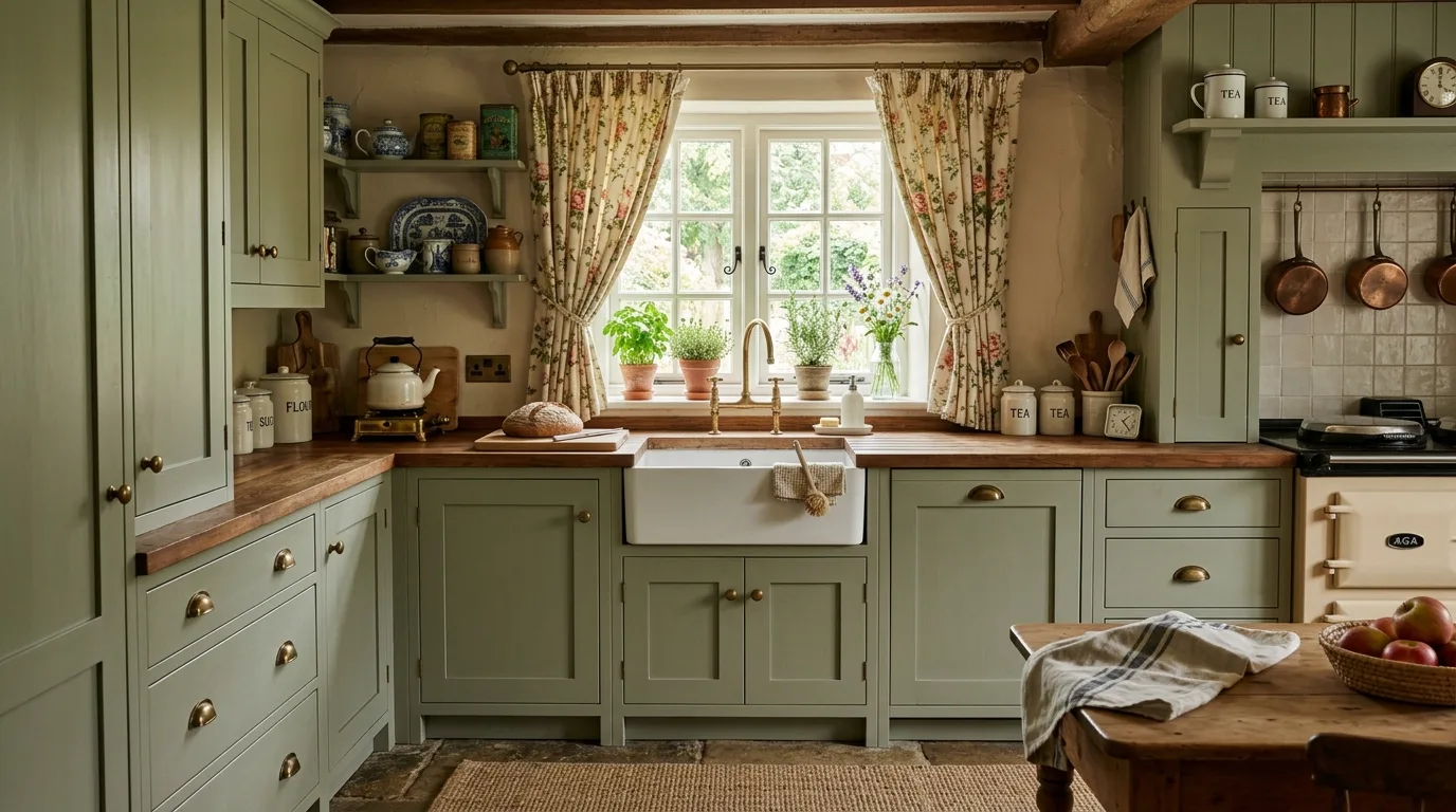 Cottage style kitchen with sage green cabinets, floral curtains, and ceramic sink