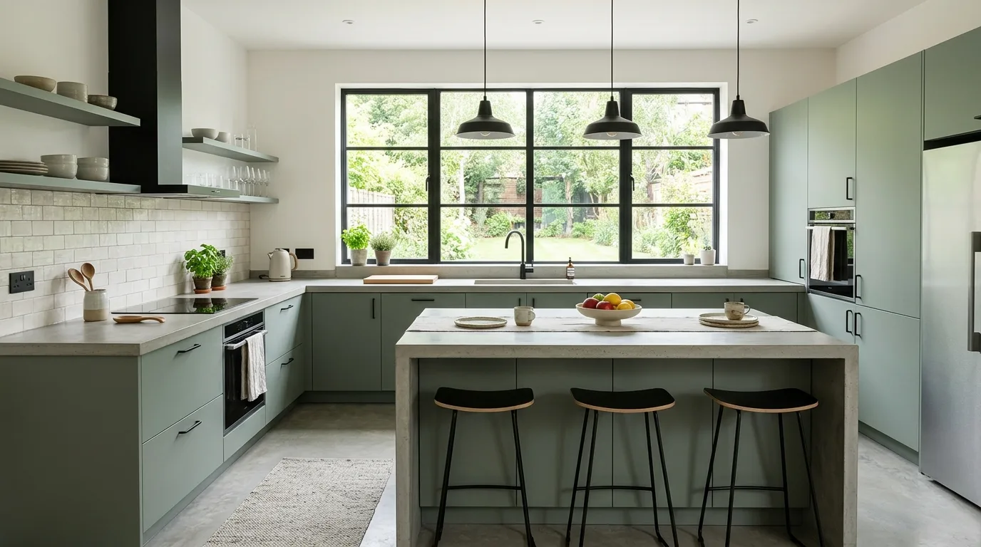 Contemporary kitchen with sage green cabinets, black fixtures, and concrete countertops
