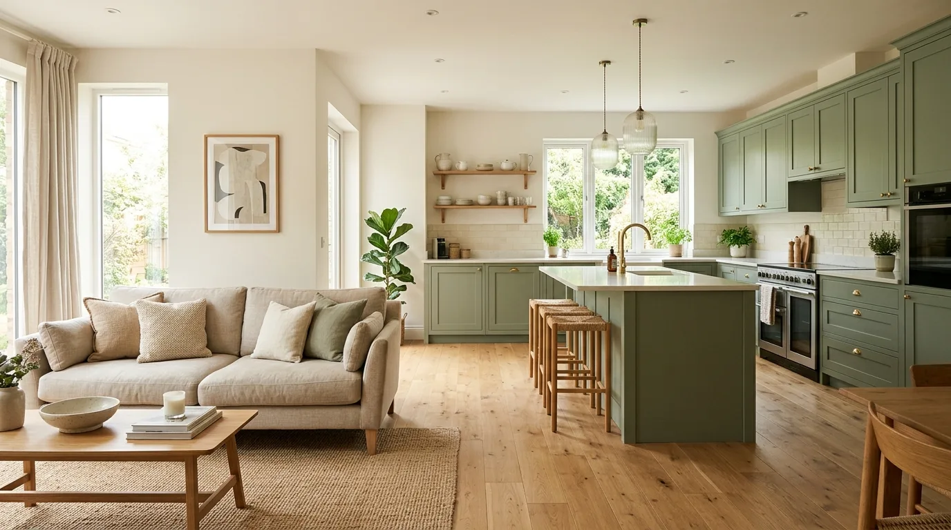 Open plan kitchen with sage green cabinets blending into a neutral living space